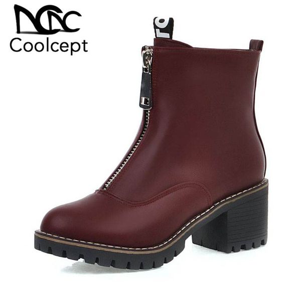 

coolcept ankle boots for women fashion zipper platform shoes women casual square heels winter fur warm party footwear size 32-43, Black