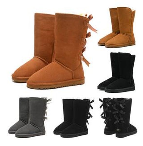 Botas altas de inverno GRATUITAS WGG Gravata borboleta Cristal Feminino Moda Clássica Botas até o joelho Preto Cinza Castanho Feminino Botas de Neve para Meninas