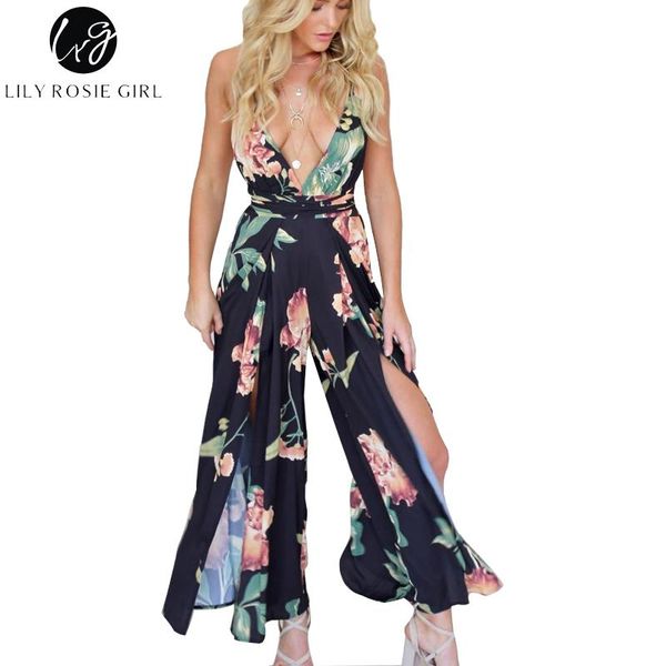 

глубокий v образным вырезом цветочный принт женщины сплит комбинезоны boho летний пляж спинки сексуальные комбинезоны 2018 комбинезоны игров, Black;white