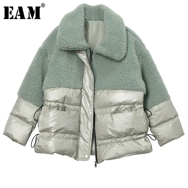 

eam] lambswool split drawstring cotton-padded coat long sleeve loose fit women parkas fashion new autumn winter 2019 1k5350, Black