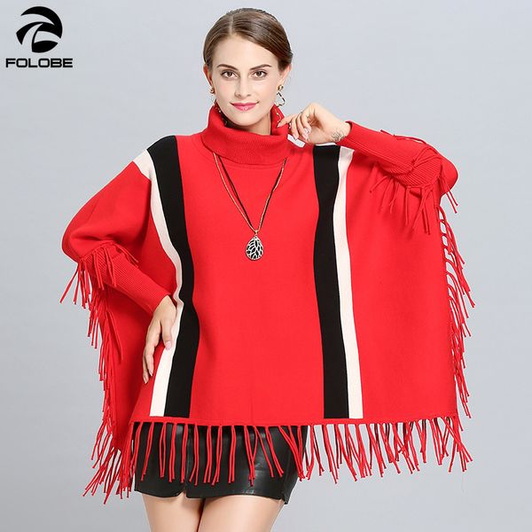 

2020 spring women high neck cape patchwork striped loose poncho winter knitted bat sleeves sweater tassel pullover, White;black