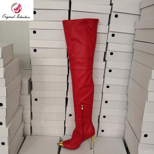 

original intention fashion women over-the-knee long zipper boots pointed toe chunky heel red women boots plus size 4-15, Black