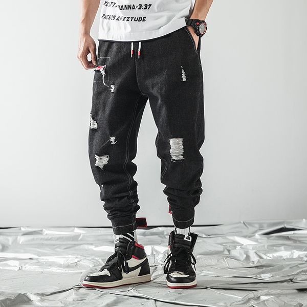 

autumn new jeans men fashion washed solid color torn holes denim trousers man streetwear wild hip hop loose harem pants -5xl, Blue