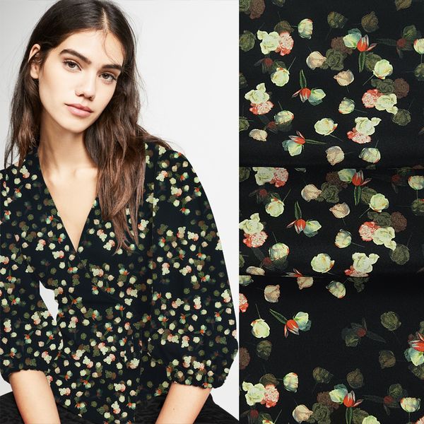 

108cm 28mm yellow floral print stretch black heavy silk crepe fabric for spring summer dress blouse skirt shirt pants jh086, Black;white