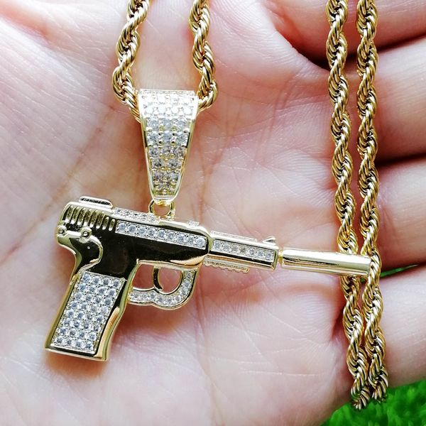 Atacado-Men do Hip Hop jóias de latão CZ GUN Forma Pingentes Iced Rocha Neckalce por Mulheres CN511