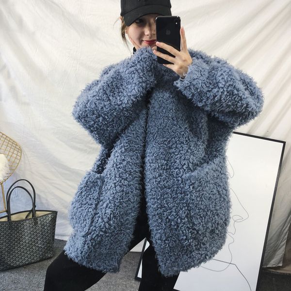 

autumn winter curl wool coat women real fur jacket casual korean oversize coats and jackets women abrigo mujer yy416 kj2510, Black