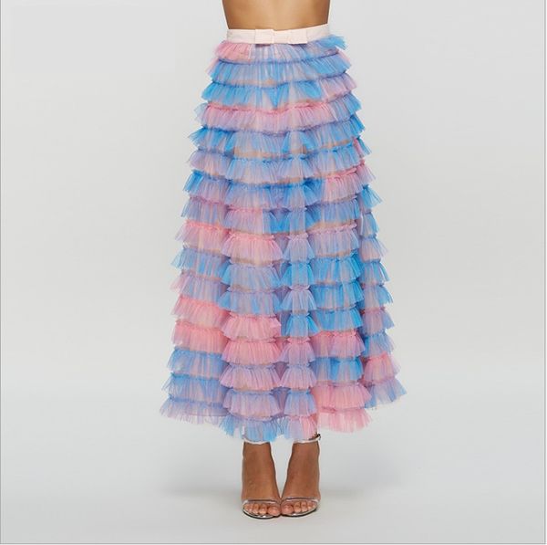 

designer italian runway fashion women maxi skirts 2019 summer high waist gradient color layered party evening long gauze skirts, Black