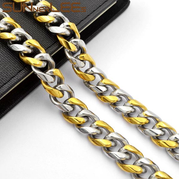 

sunnerlees fashion jewelry 316l stainless steel necklace 13mm huge curb cuban link chain silver gold color for men women sc912 n