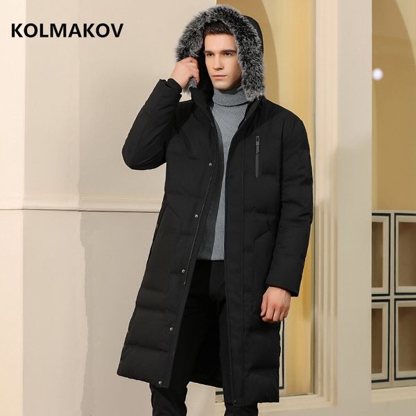 

kolmakov 2019 winter men's thick hooded coats fur collar plus long masculino white duck down jacket men, Black