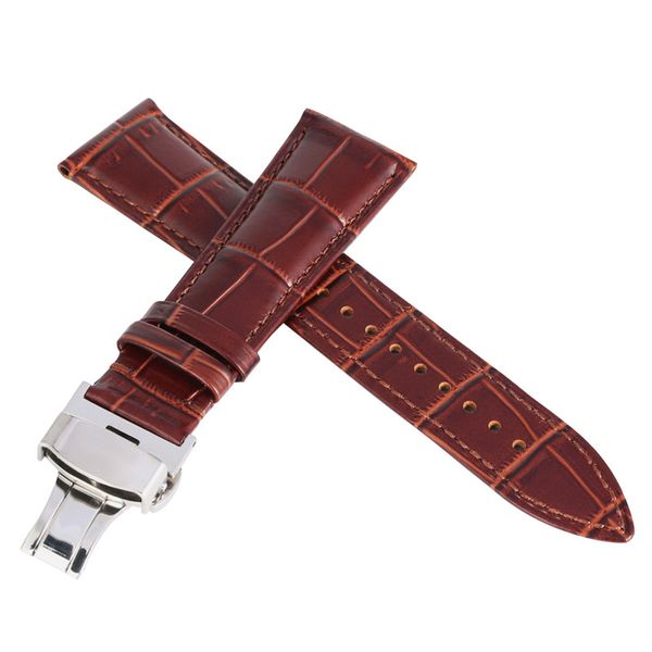 

16 18 20 22mm black brown leather strap watch band silver butterfly buckle straight end with spring bars replacement 220s