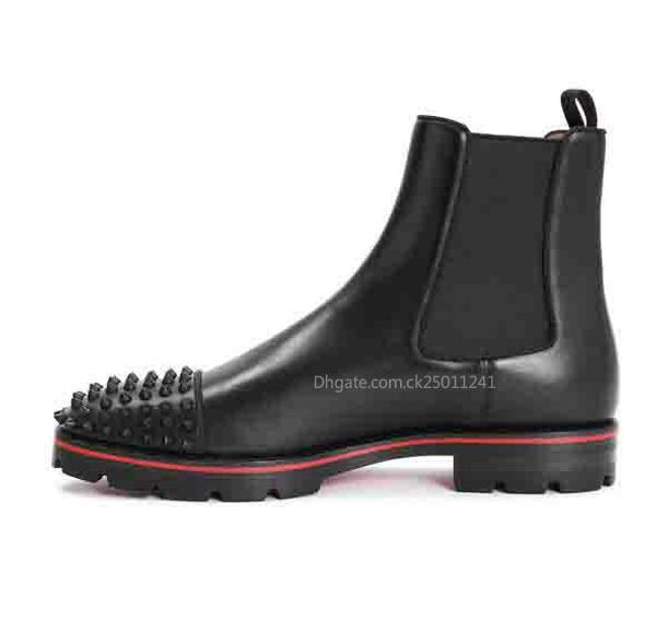 

fashion luxury men boots red bottom design men ankle boots low heels genuine leather suede with rivets melon spikes flat short knight ck, Black