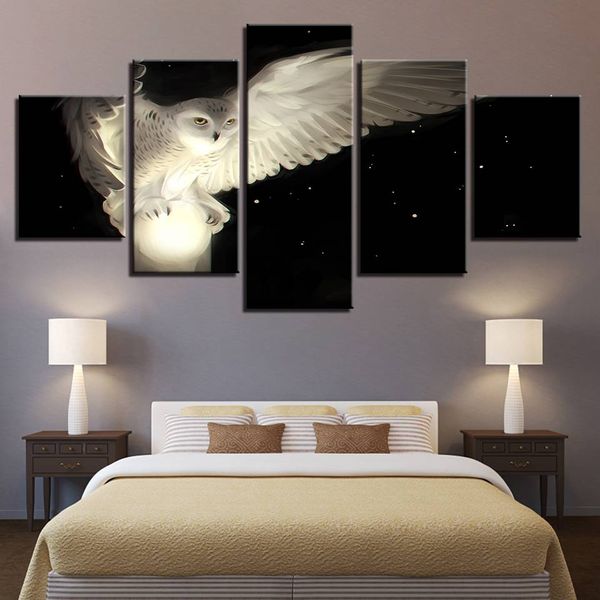 

art modular painting 5 pieces white owl poster decoration home living room hd printed animal picture on canvas (no frame)