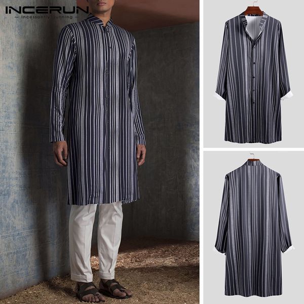 

incerun men shirt striped stand collar retro long sleeve button 2019 vintage kurta suit longline shirt men clothing, White;black