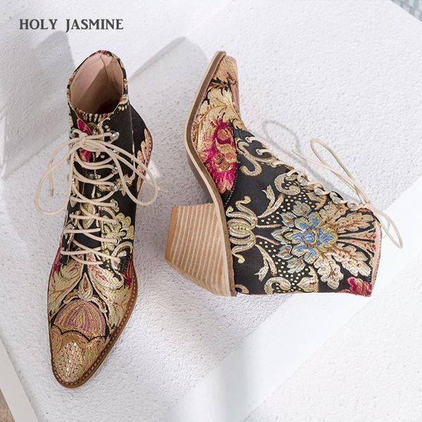 

2019 new women luxury silk boots ankle boots new autumn winter embroider womens motorcycle lace up shoes woman, Black