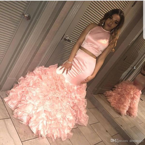 

pink two piece prom dresses 2019 mermaid jewel neck ruffles backless special occasion dresses formal evening dresses wear vestidos, Black