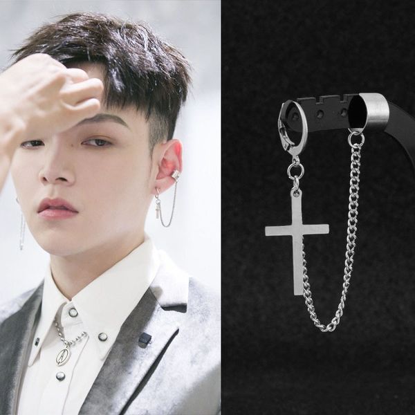

fashion cross tassel stainless steel men earring clip men punk earrings for hipster rock ear clip gift, Silver