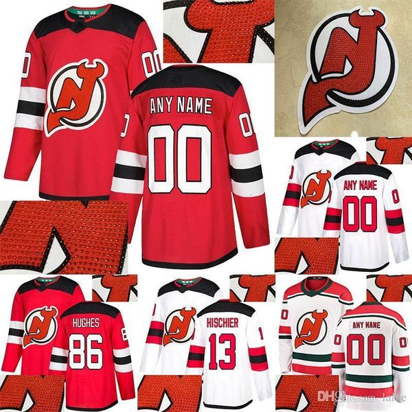 

new jersey devils jersey drilling 86 jack hughes 76 pk subban 9 taylor hall 13 nico hischier customize any number any name hockey jersey, Black;red