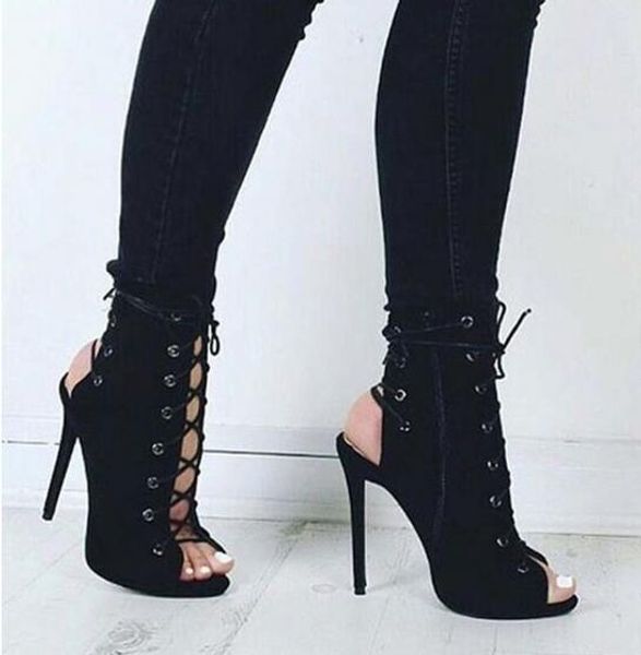 

price gladiator women heeled sandals boots peep toe spiked high heels suede leather slingback lace-up woman ankle boots 46, Black