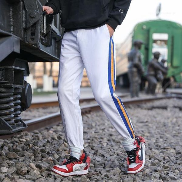 

loose male pencil pants casual stripe mens pencil pants summer new fashion mens pants sport breathable, Black