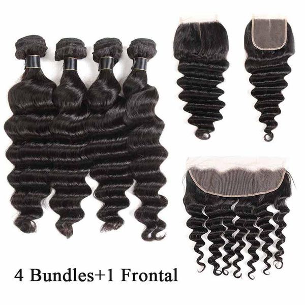 

loose deep wave 4 пучки с закрытием 4x4 бразильские малайзийские пучки волос с 13x4 фронтальными пучками человеческих волос remy с фронтальн, Black
