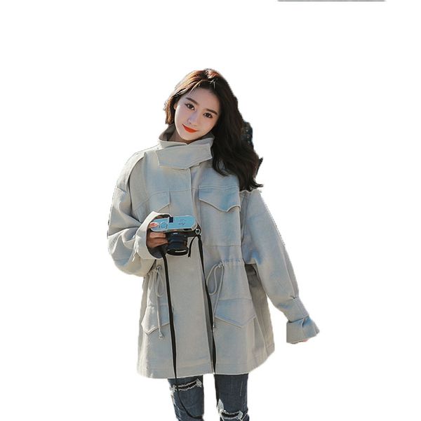 

spring new women's windbreaker korean popular students in the long section of the tooling chic waist women's windbreaker w140, Tan;black