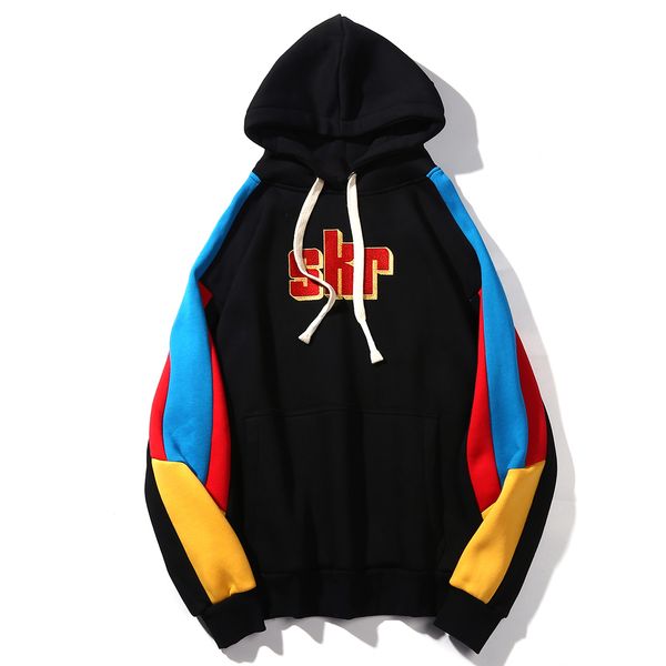 

2019 color block patchwork fleece hooded sweatshirts man embroidery pullover hoodies harajuku streetwear, Black