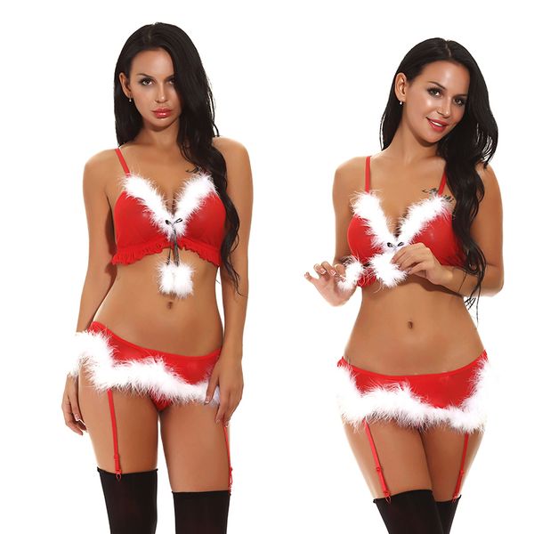 

fashion casual underwear set christmas costume role santa claus bikini corset lady red festive new year clothing, Black;white