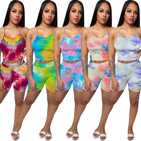 

women summer 2 two piece outfits set tie-dye printed sling crop biker shorts tracksuits home clothes streetwear plus size clothing, Gray