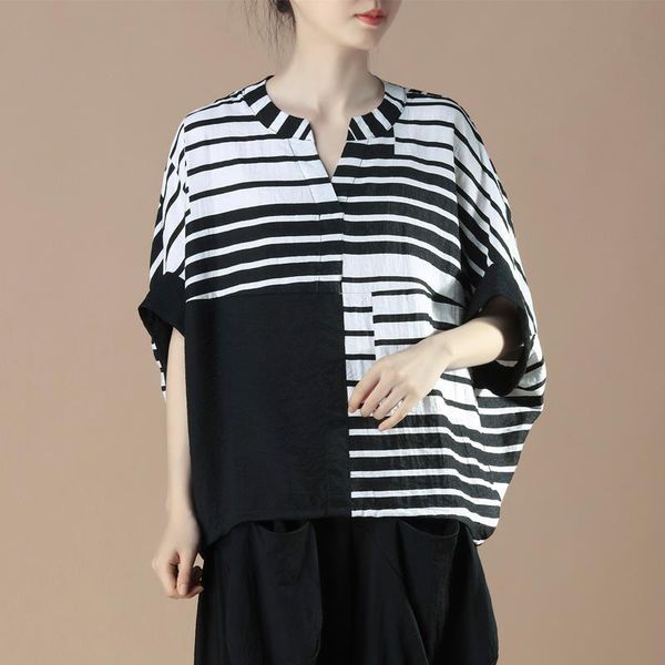 

2020 summer arts style women batwing sleeve loose casual shirt cotton linen striped patchwork v-neck blouse femme plus size, White