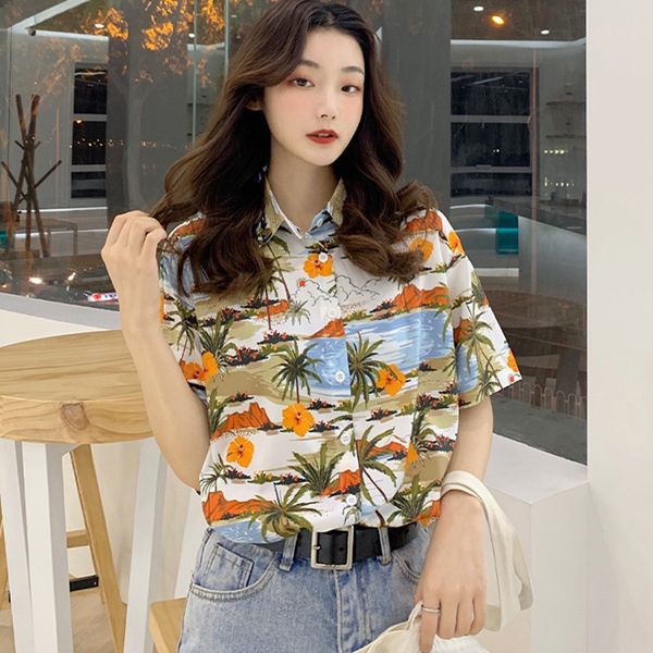 

women's blouses & shirts hawaii beach vacation retro turn-down collar printed shirt loose casual short sleeve blouse summer, White