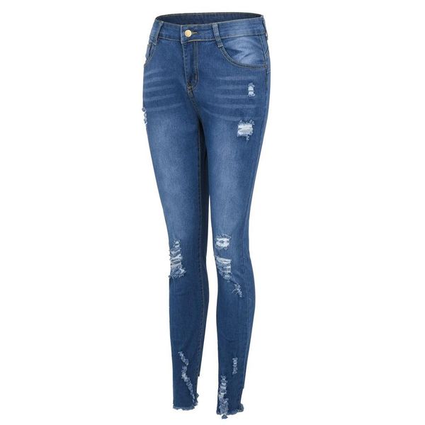 

women's mid waist stretch jeans slim pencil pants ripped plus size for woman jeans female washed denim high elastic, Blue