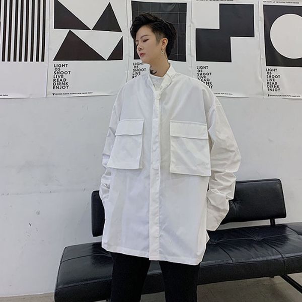 

men stand collar tie long sleeve casual shirt male streetstyle fashion retro dress shirts, White;black