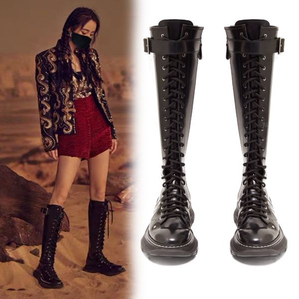 

designer genuine leather flat heel knee high boots round toe punk superstar equestrian boots buckle fasteners over-the-knee boot, Black