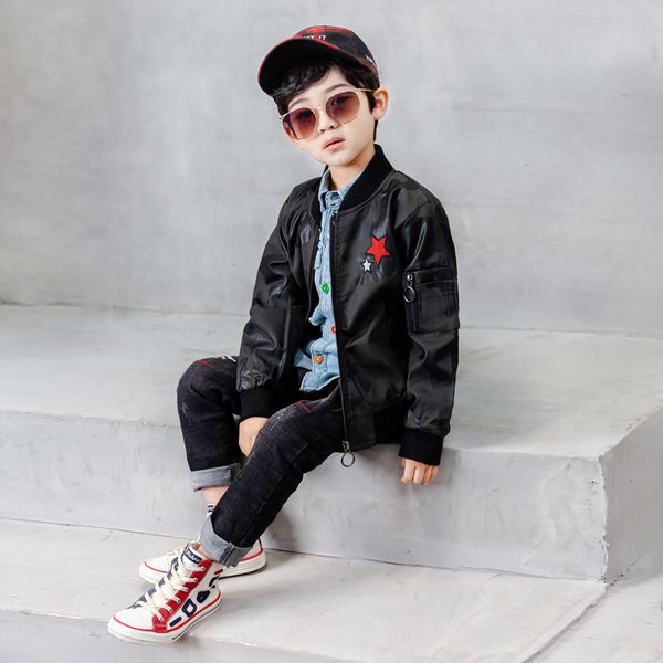 

3pcs wlg kids clothes boys spring autumn black pu jacket blue shirt and pant clothing set baby fashion clothes children, White