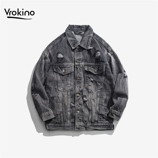 

vrokino 2019 new spring short paragraph denim jacket men casual loose fashion denim jacket plus size, Black;brown