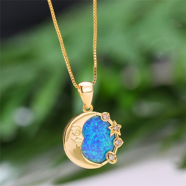 

female big moon star pendant necklace yellow gold chain necklace boho blue fire opal wedding necklaces for women, Silver