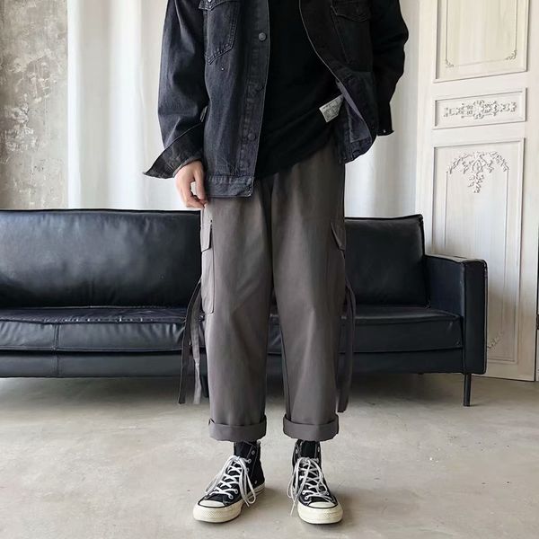 

men ribbons pocket cargo pants 2019 harem joggers harajuku sweatpant hip hop trousers, Black