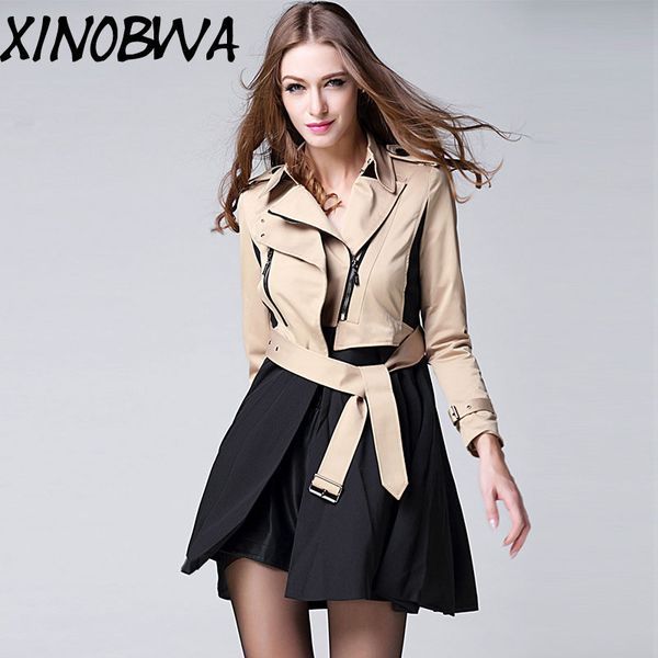 

europe new women spring turn down collar sashes ruffles zip a-line patchwork long trench coat ladies personality windbreaker, Tan;black