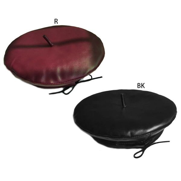 

french style women girls vintage beret cap faux leather solid color casual painter pumpkin beanie hat with adjustable drawstring, Blue;gray