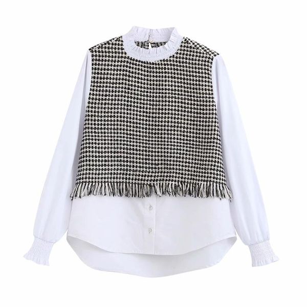 

women patchwork blouse long sleeve ruffle collar shirts preppy female casual, White
