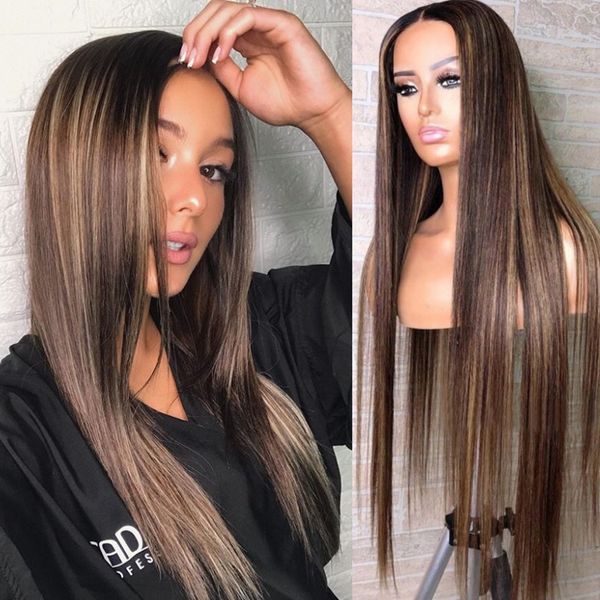 

13x4 lace front brown highlights blonde wig 360 lace frontal human hair wigs with baby hair pre plucked body wave wigsig honey blonde, Black