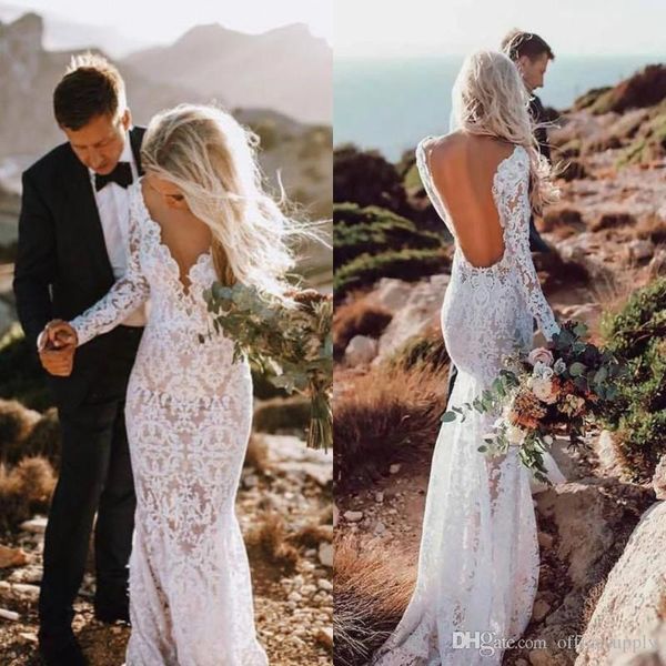 

beach lace v neck mermaid wedding dresses illusion long sleeves modest backless country reception bridal gowns vestidos de novia, White
