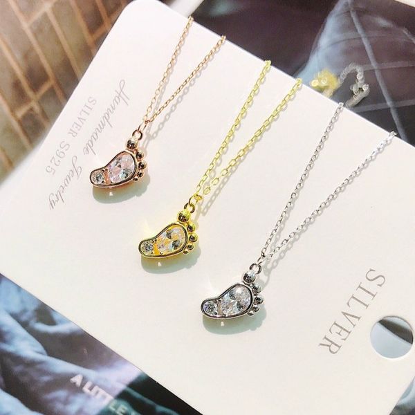 

exquisite jewelry whole 100% 925 sterling silver cute foot pendant necklaces lasting shine magic footprint chain with crystal