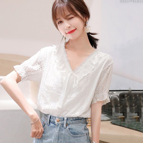 

feitong elegant ladies women's v-neck hollow out stringy selvedge short sleeve summer bow tie shirt chiffon streetwear, White