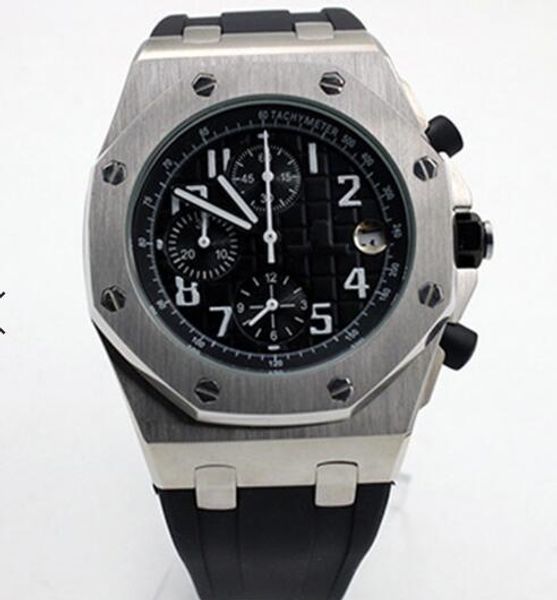 

мужские бизнес стиль 42mm royal oak offshore rubber band часы fine workmanship черный циферблат человек часы кварцевые chrono открытый наруч, Slivery;brown