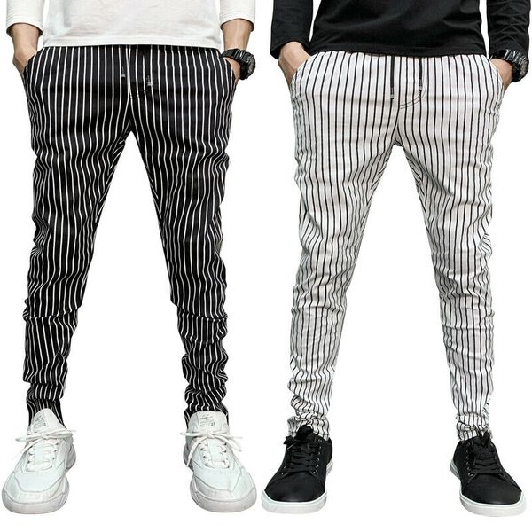 

men pants 2019 brand new mens skinny slim fit bottom stripe casual high street pants with pockets workout hip hop track trousers, Black