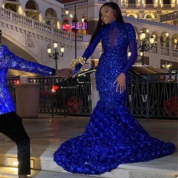 

gorgeous royal blue mermaid formal gowns black girls appliques sequinned prom dresses long sleeve high neck evening gowns vestido de noche