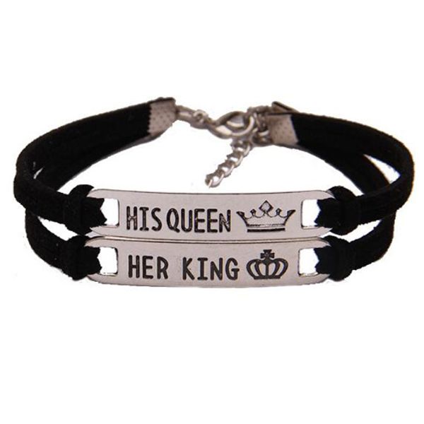 

letter her king his queen carve stainless steel bracelet couple jewelry crown paired bracelet for lovers valentine day gifts, Golden;silver