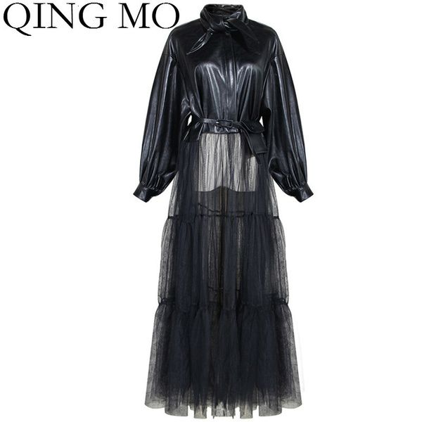 

qing mo black women pu coat 2019 women mesh patchwork coat with sashes female slim long with pocket personality zqy2307