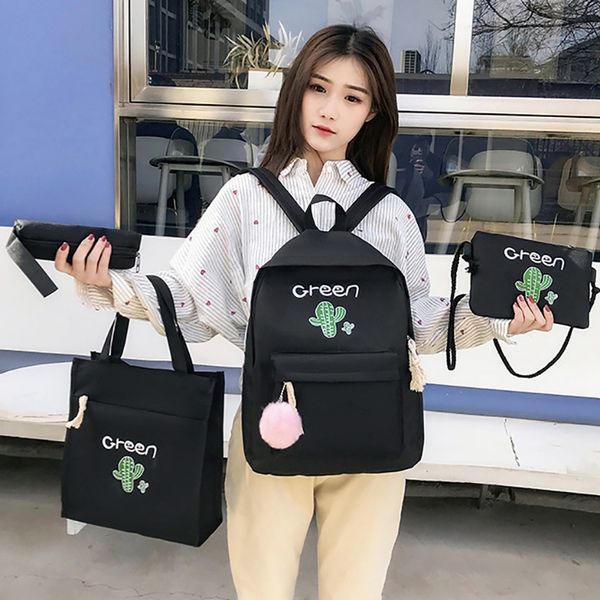 

4pcs canvas school backpack set for teenage girls cactus printing shoulder bag+women backpack+pencil case+purse travel satchel b